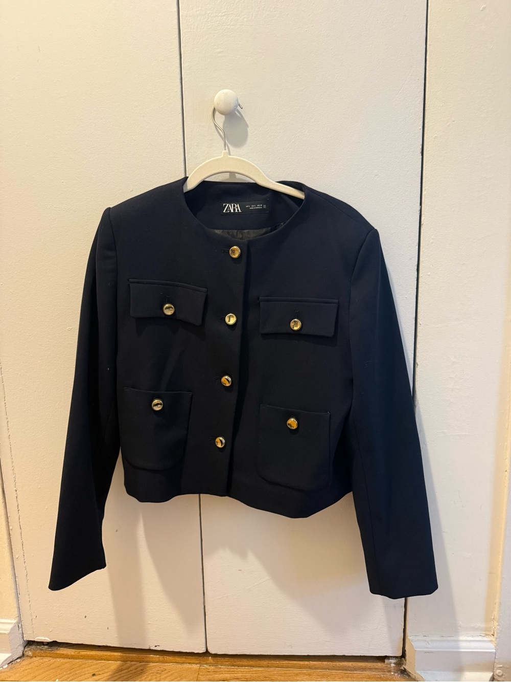 Zara Black Collarless Cropped Jacket with Gold Buttons